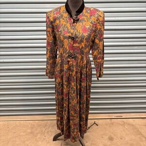 Vintage Kathie Lee Floral Dress Velvet Trim Asian Style Size 8‎ Rayon Blend